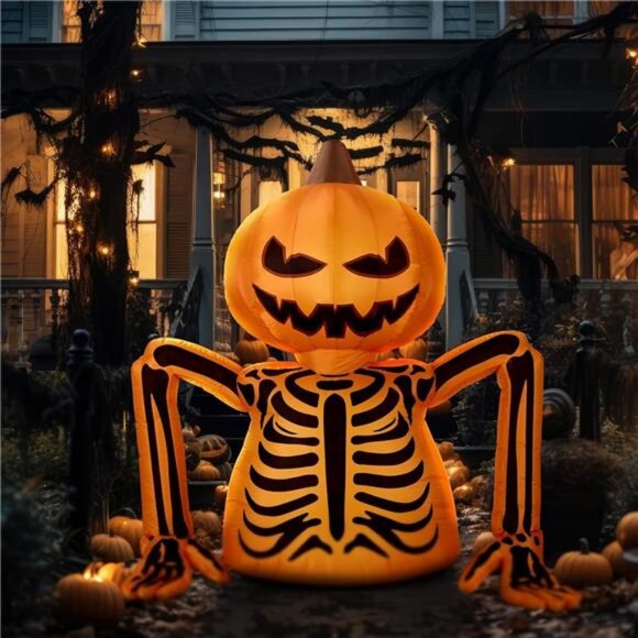 Leyndo Halloween Inflatables Decorations Outdoor 5.6 ft Pumpkin Skeleton Skull - Picture 1 of 8